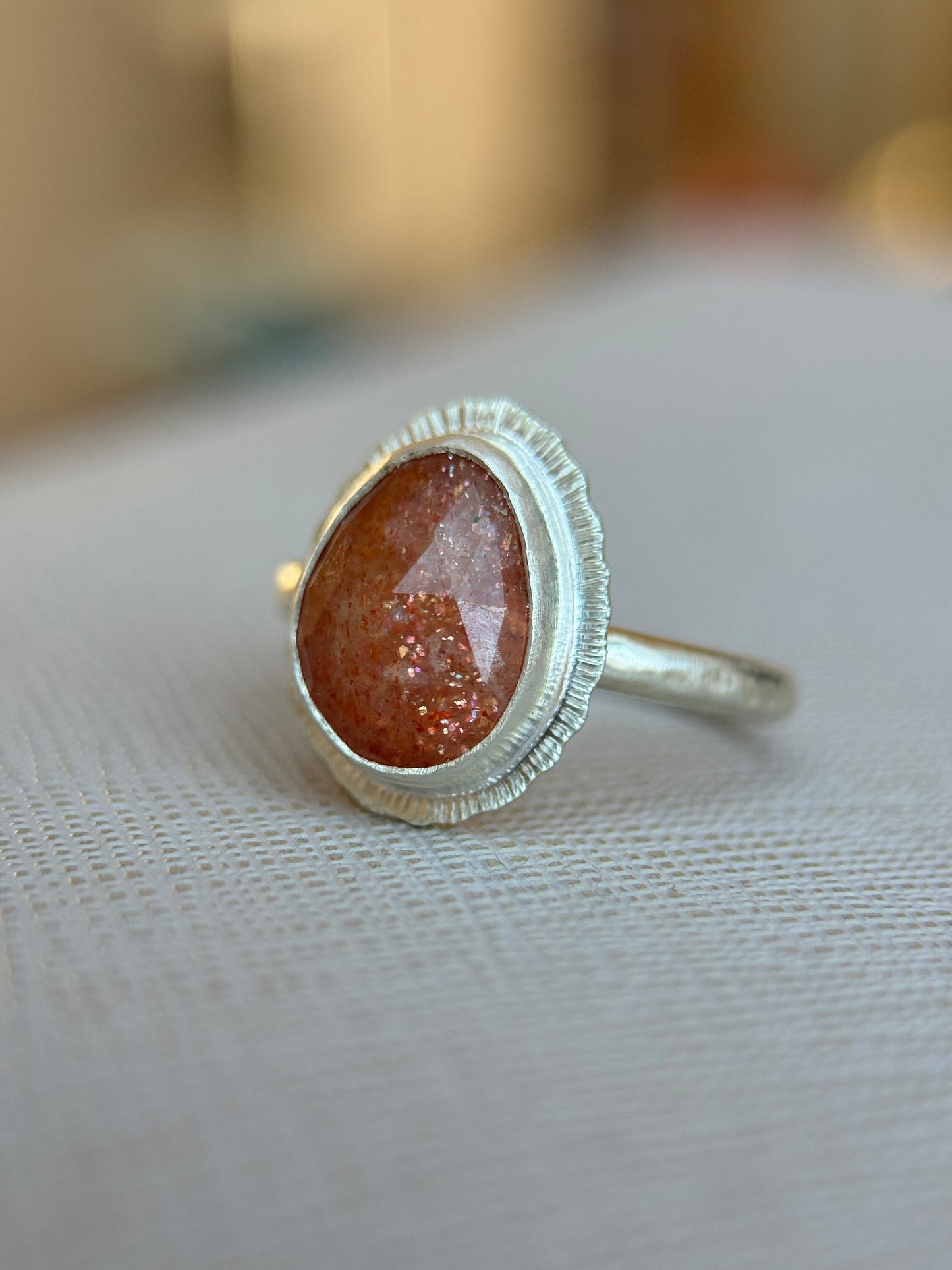 Rose cut Sunstone ring, one of a kind, natural glittery gemstone, open back, bezel set, recycled sterling silver, lucky jewellery for her