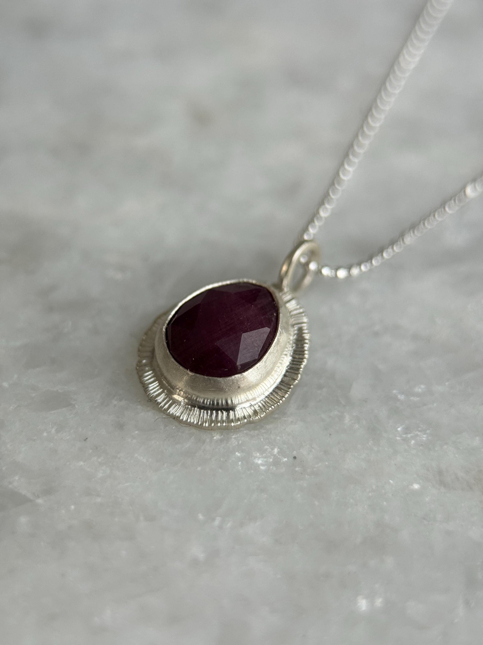 Rose cut Ruby pendant, natural gemstone necklace, recycled sterling silver, july birthstone jewellery, 15th wedding anniversary gift