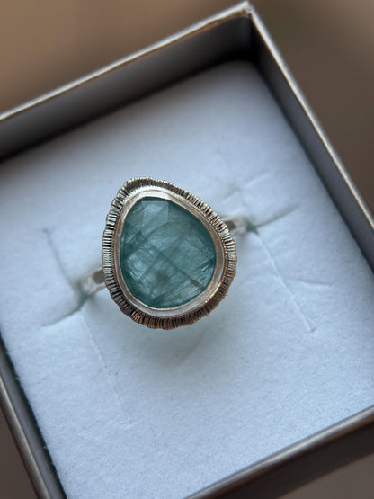 Rose cut Grandidierite ring, natural freeform gemstone ring, rare crystal jewellery, bezel set, open back, sterling silver, unique gift