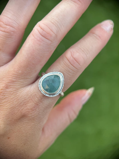 Rose cut Grandidierite ring, natural freeform gemstone ring, rare crystal jewellery, bezel set, open back, sterling silver, unique gift