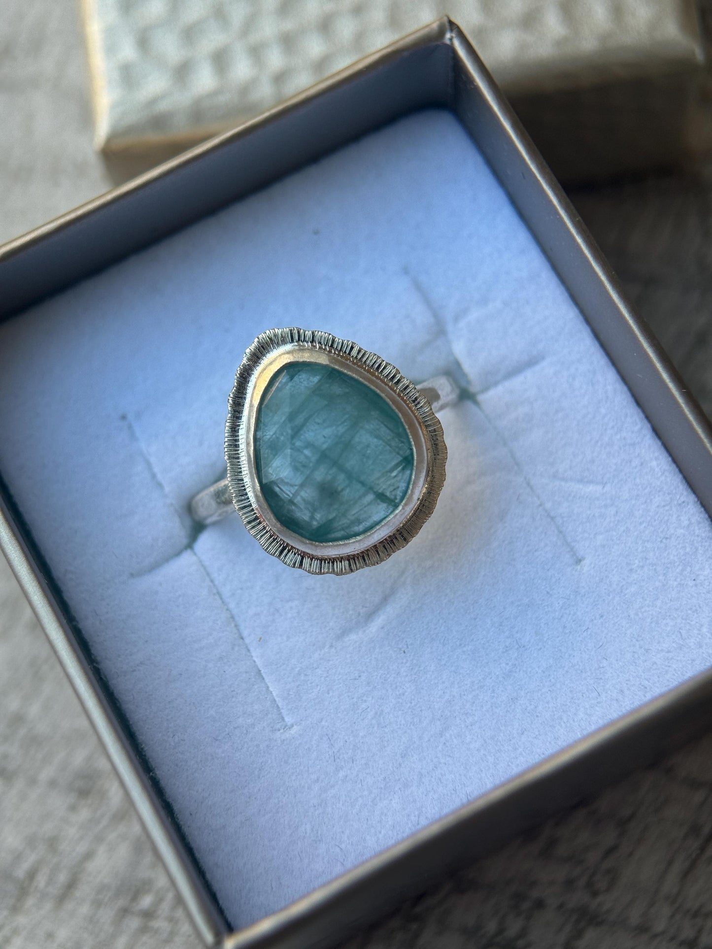 Rose cut Grandidierite ring, natural freeform gemstone ring, rare crystal jewellery, bezel set, open back, sterling silver, unique gift