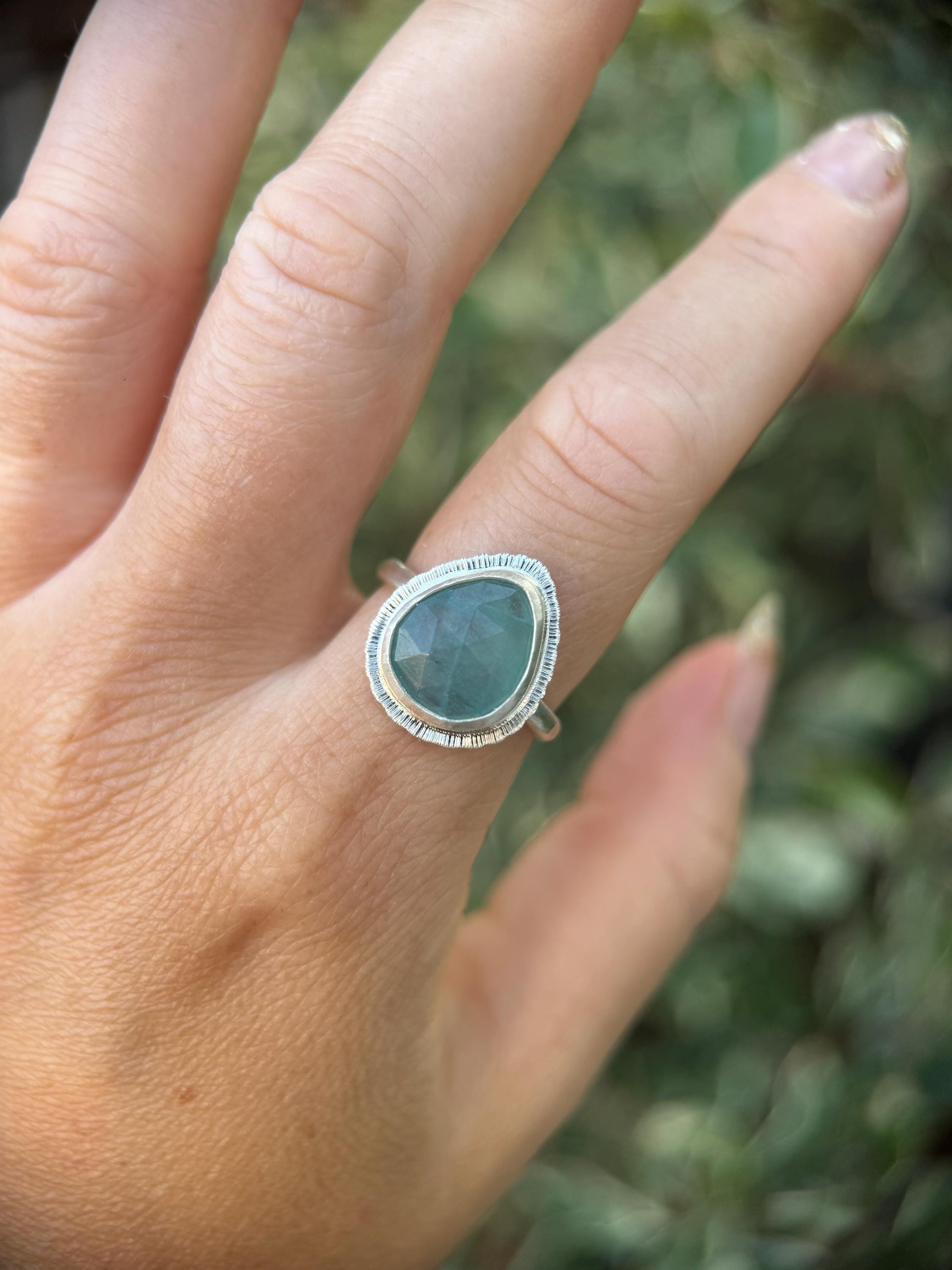 Rose cut Grandidierite ring, natural freeform gemstone ring, rare crystal jewellery, bezel set, open back, sterling silver, unique gift