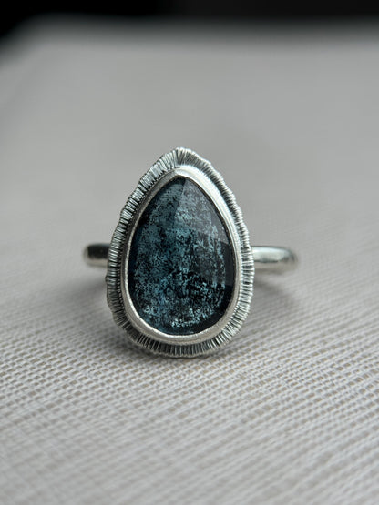 Rose cut Teal Moss Kyanite teardrop ring, natural moss gemstone, unique and unusual jewellery, bezel set, open back, sterling silver