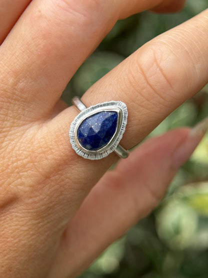 Rose cut Lapis Lazuli teardrop ring, natural gemstone, 9th wedding anniversary gift, December birthstone jewellery, recycled sterling silver