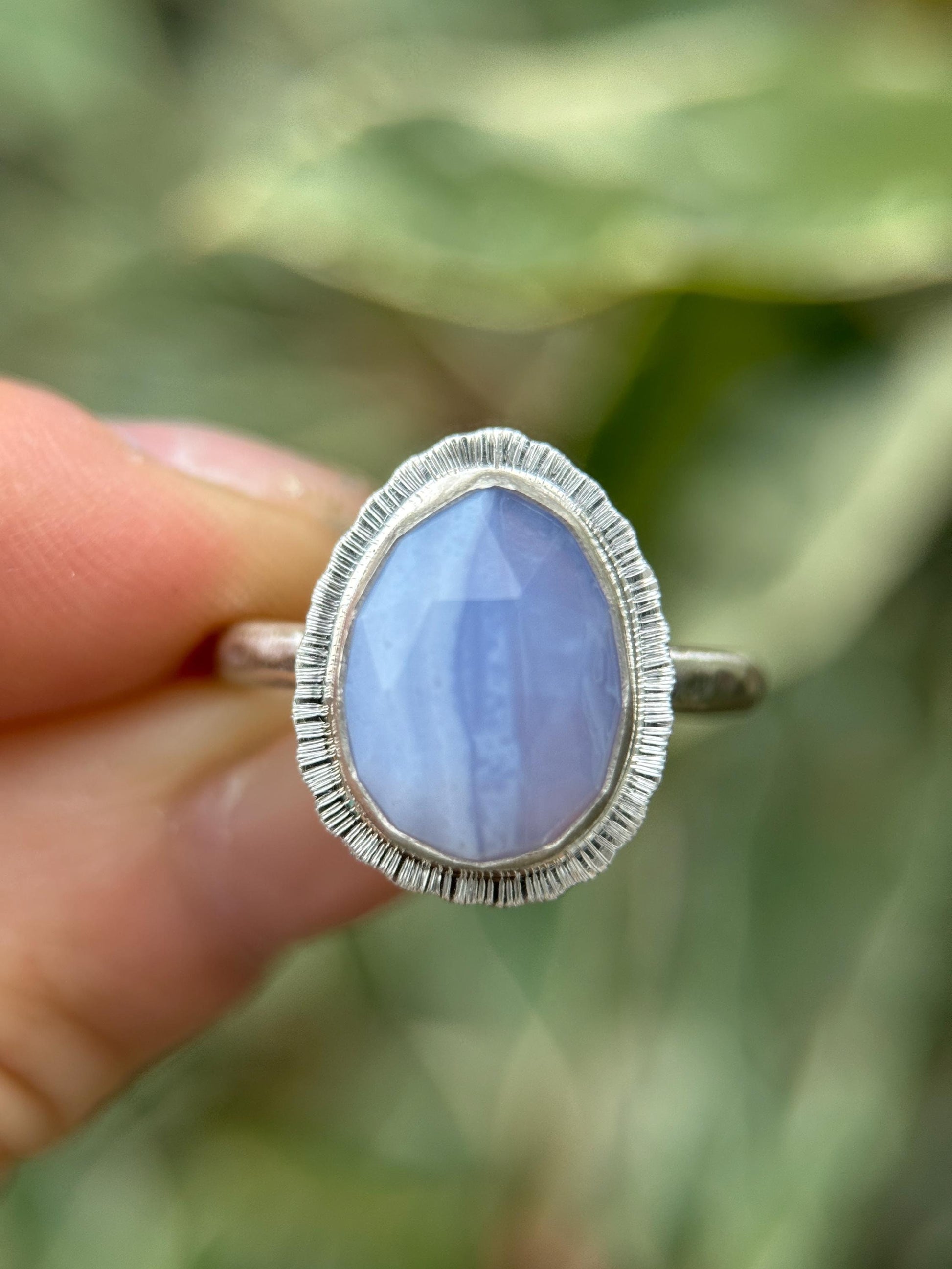 Rose cut Blue Lace Agate ring, natural patterned gemstone, bezel set, open back, recycled sterling silver, unique gift, crystal jewellery