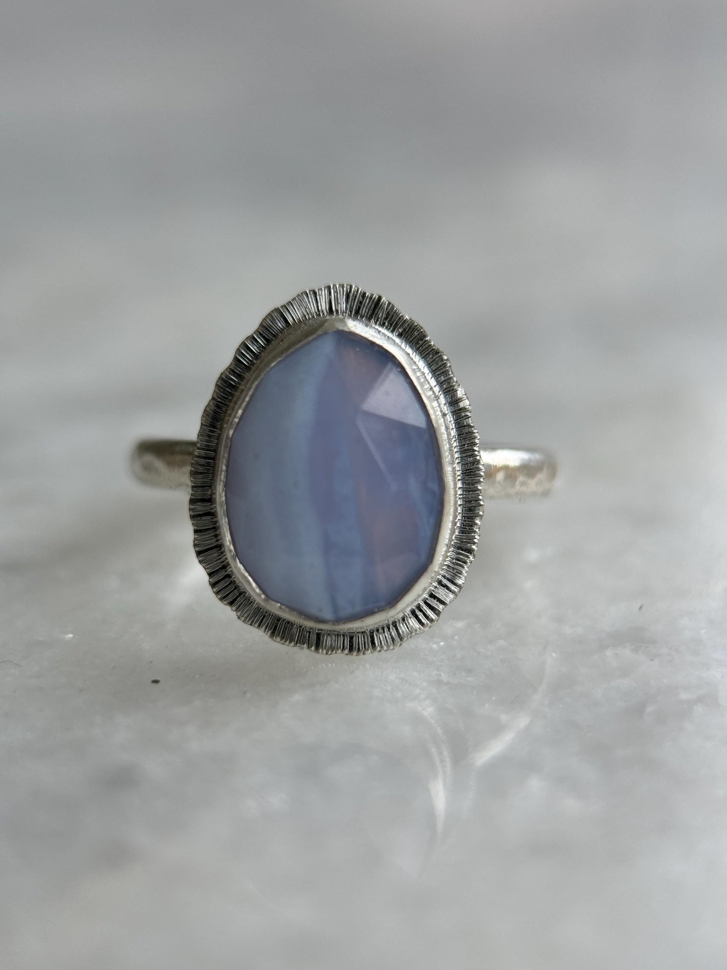 Rose cut Blue Lace Agate ring, natural patterned gemstone, bezel set, open back, recycled sterling silver, unique gift, crystal jewellery