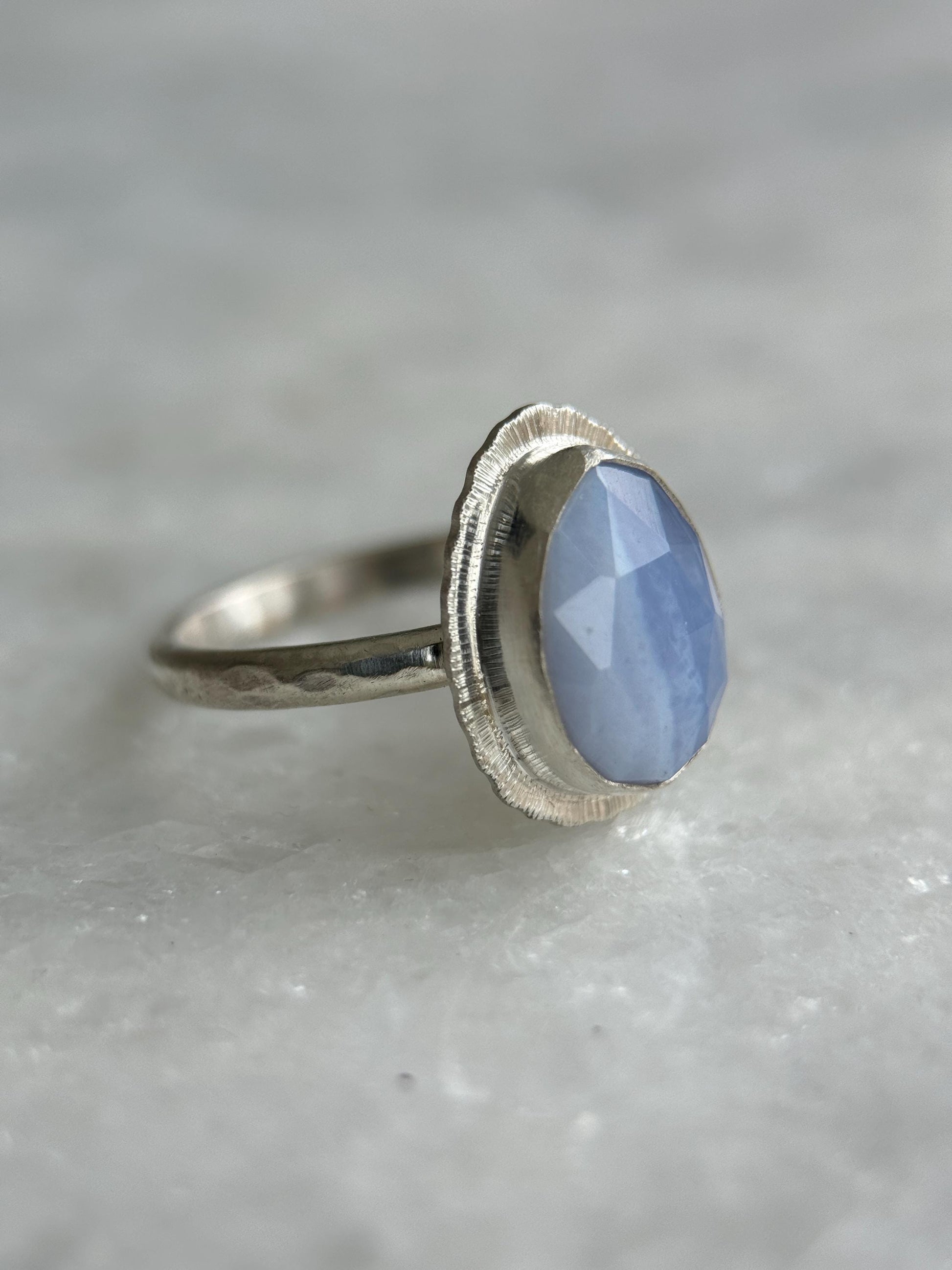 Rose cut Blue Lace Agate ring, natural patterned gemstone, bezel set, open back, recycled sterling silver, unique gift, crystal jewellery