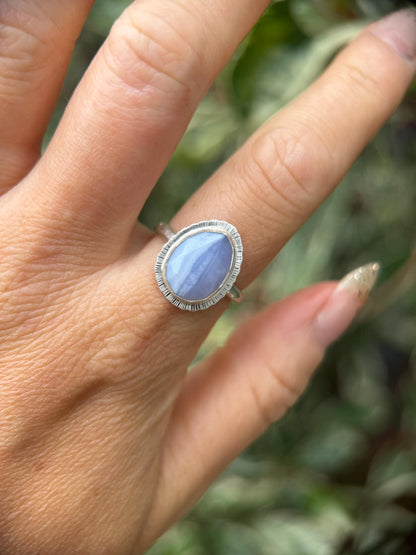 Rose cut Blue Lace Agate ring, natural patterned gemstone, bezel set, open back, recycled sterling silver, unique gift, crystal jewellery