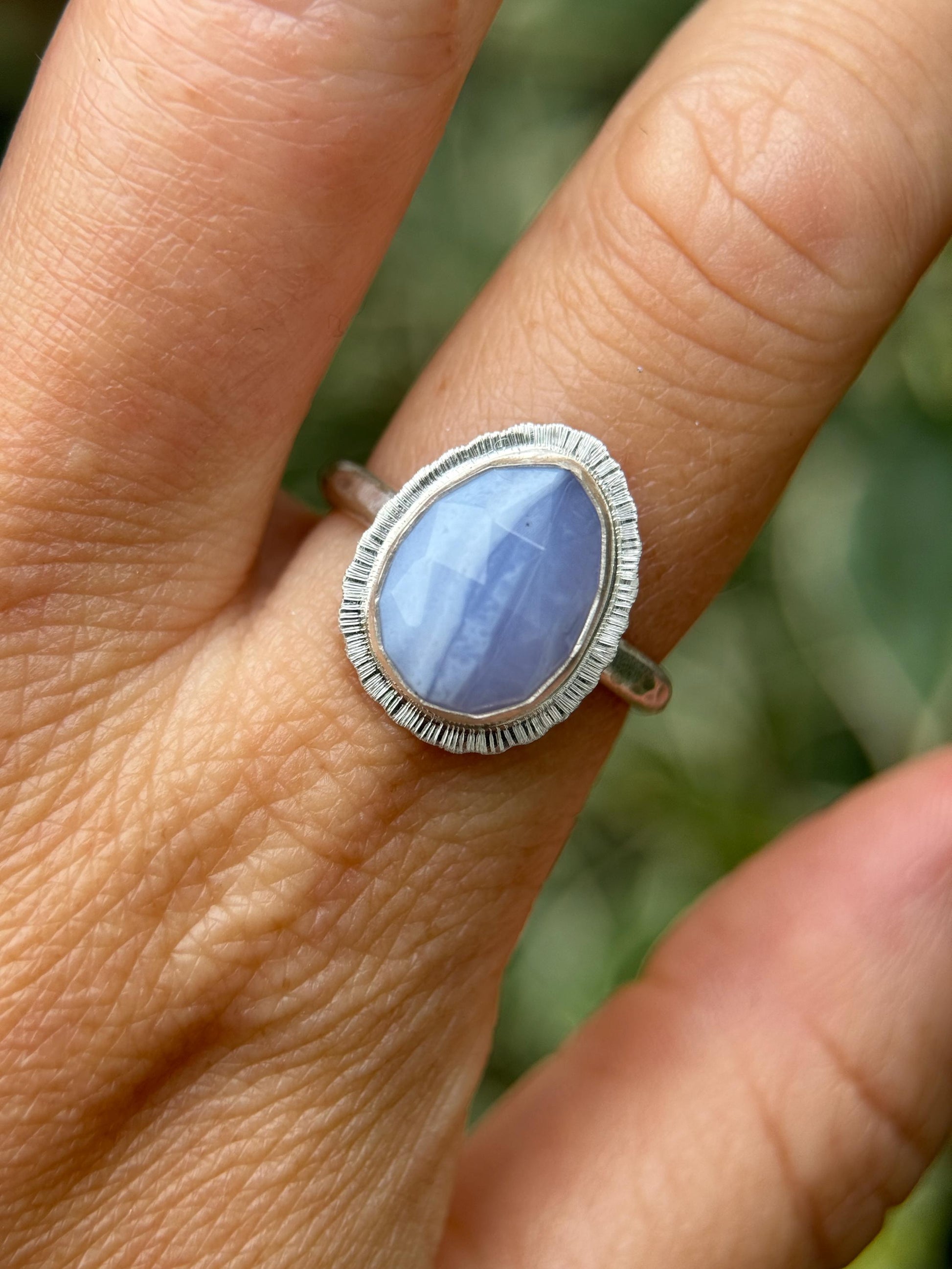 Rose cut Blue Lace Agate ring, natural patterned gemstone, bezel set, open back, recycled sterling silver, unique gift, crystal jewellery