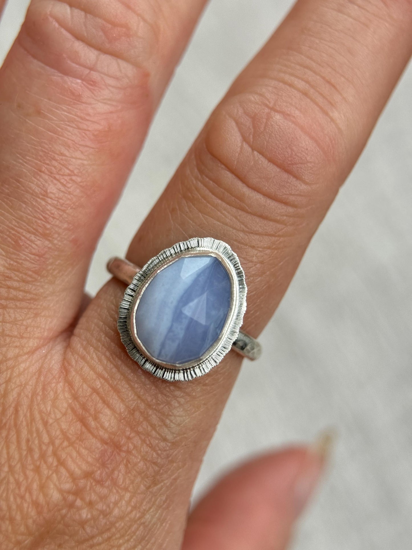 Rose cut Blue Lace Agate ring, natural patterned gemstone, bezel set, open back, recycled sterling silver, unique gift, crystal jewellery