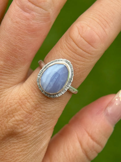 Rose cut Blue Lace Agate ring, natural patterned gemstone, bezel set, open back, recycled sterling silver, unique gift, crystal jewellery