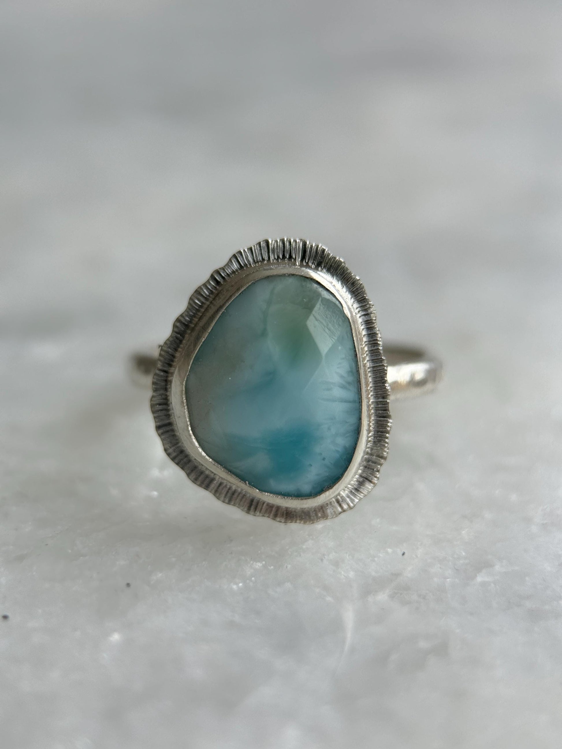 Rose cut Larimar ring, natural rare gemstone, Dominican Republic gem, open back, bezel set, sterling silver, atlantis stone, unique gift