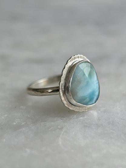 Rose cut Larimar ring, natural rare gemstone, Dominican Republic gem, open back, bezel set, sterling silver, atlantis stone, unique gift