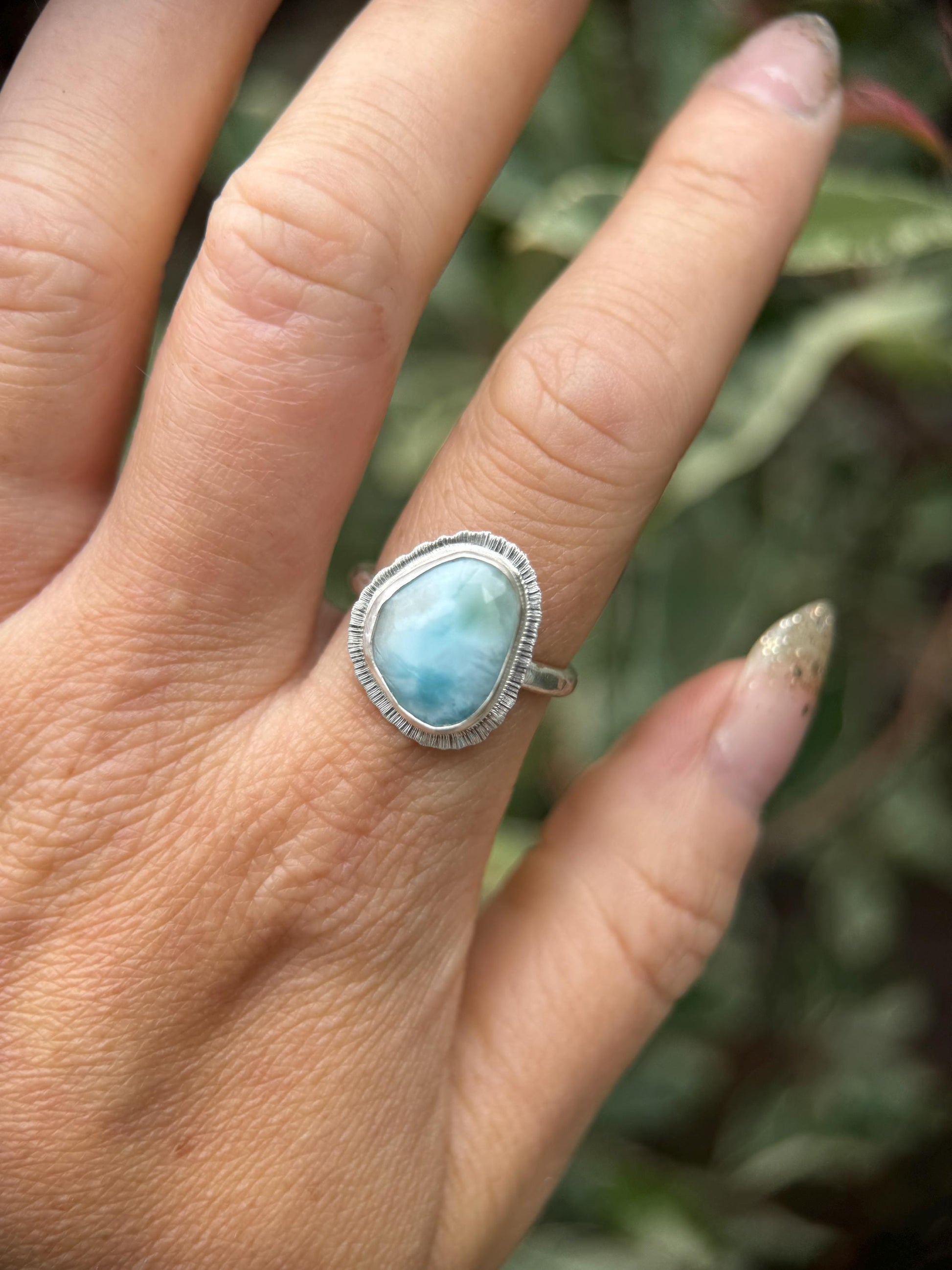 Rose cut Larimar ring, natural rare gemstone, Dominican Republic gem, open back, bezel set, sterling silver, atlantis stone, unique gift