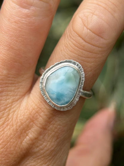 Rose cut Larimar ring, natural rare gemstone, Dominican Republic gem, open back, bezel set, sterling silver, atlantis stone, unique gift