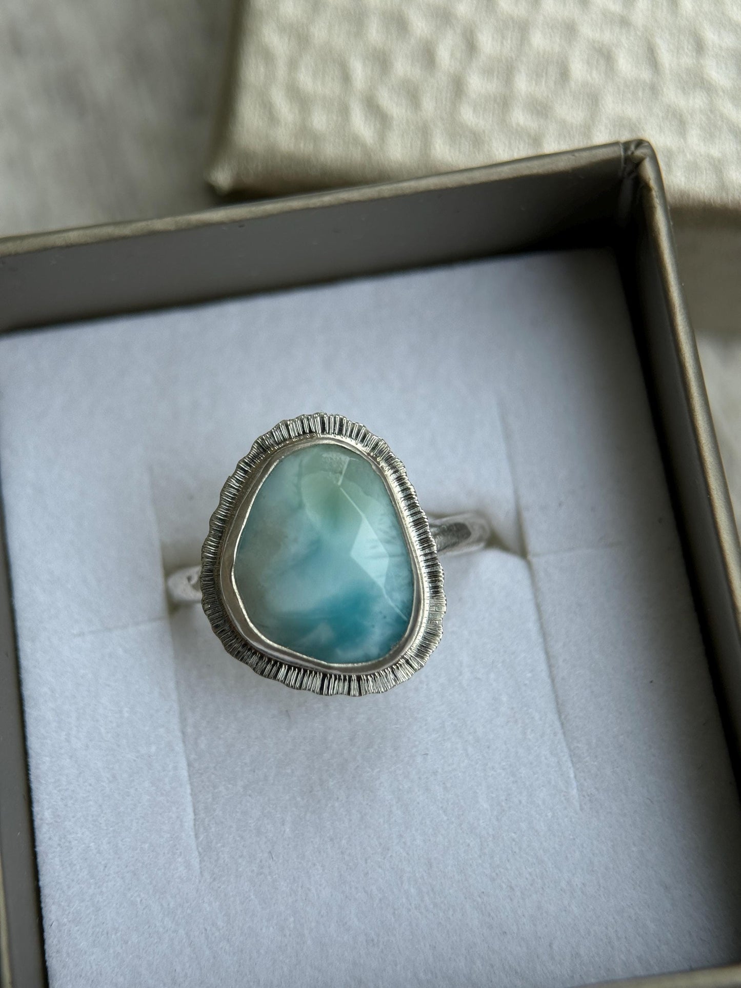 Rose cut Larimar ring, natural rare gemstone, Dominican Republic gem, open back, bezel set, sterling silver, atlantis stone, unique gift