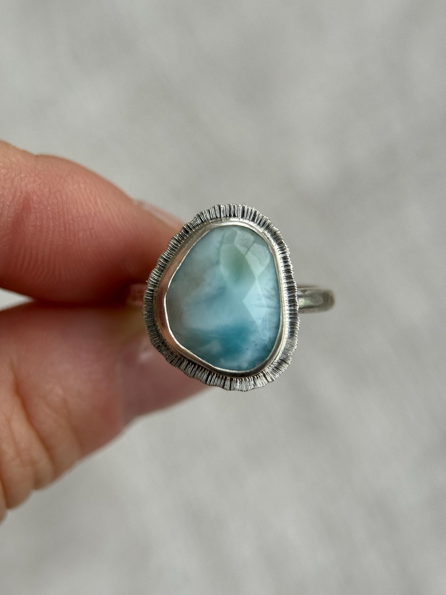 Rose cut Larimar ring, natural rare gemstone, Dominican Republic gem, open back, bezel set, sterling silver, atlantis stone, unique gift