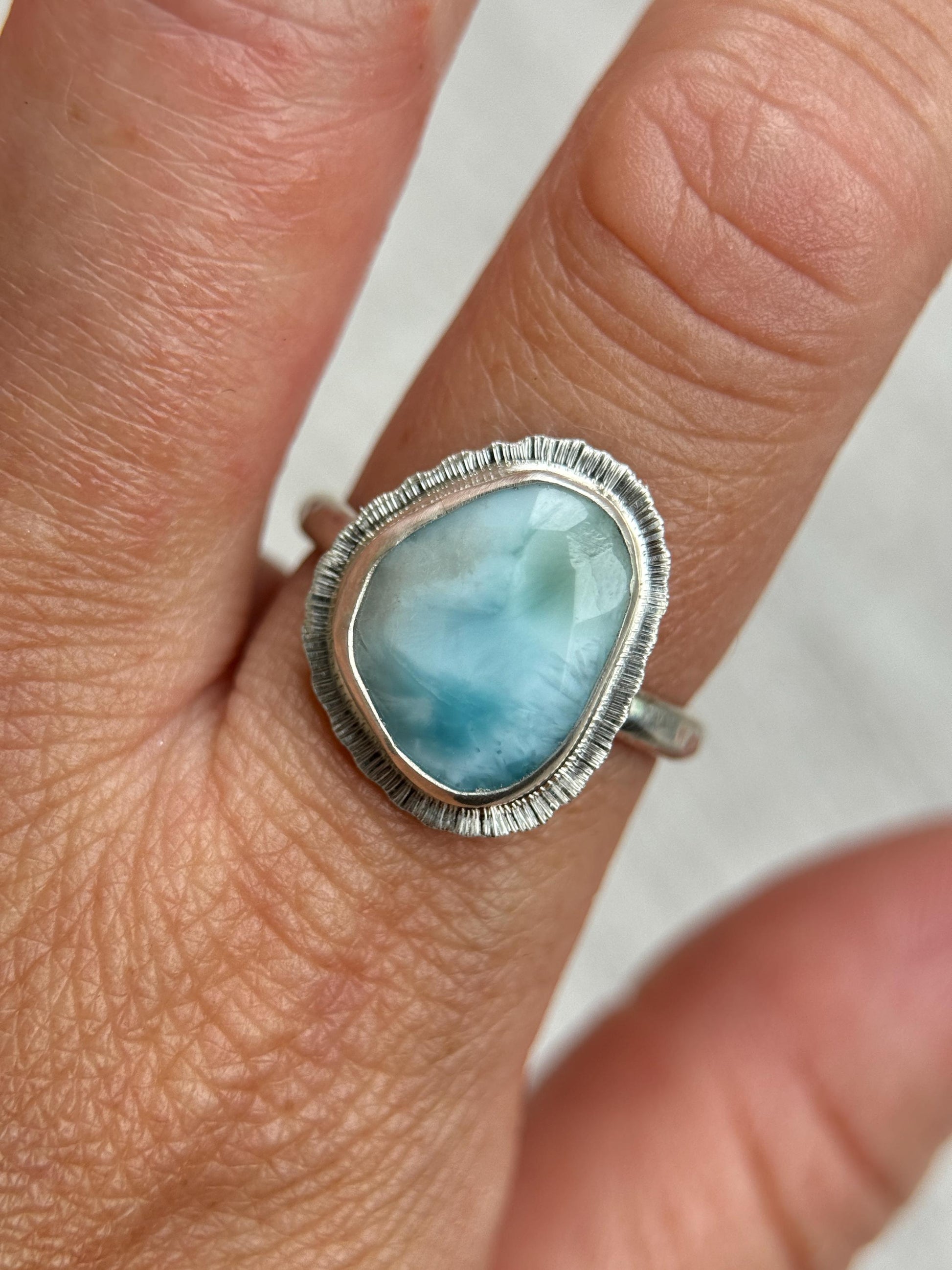 Rose cut Larimar ring, natural rare gemstone, Dominican Republic gem, open back, bezel set, sterling silver, atlantis stone, unique gift