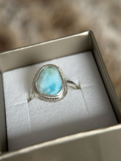 Rose cut Larimar ring, natural rare gemstone, Dominican Republic gem, open back, bezel set, sterling silver, atlantis stone, unique gift