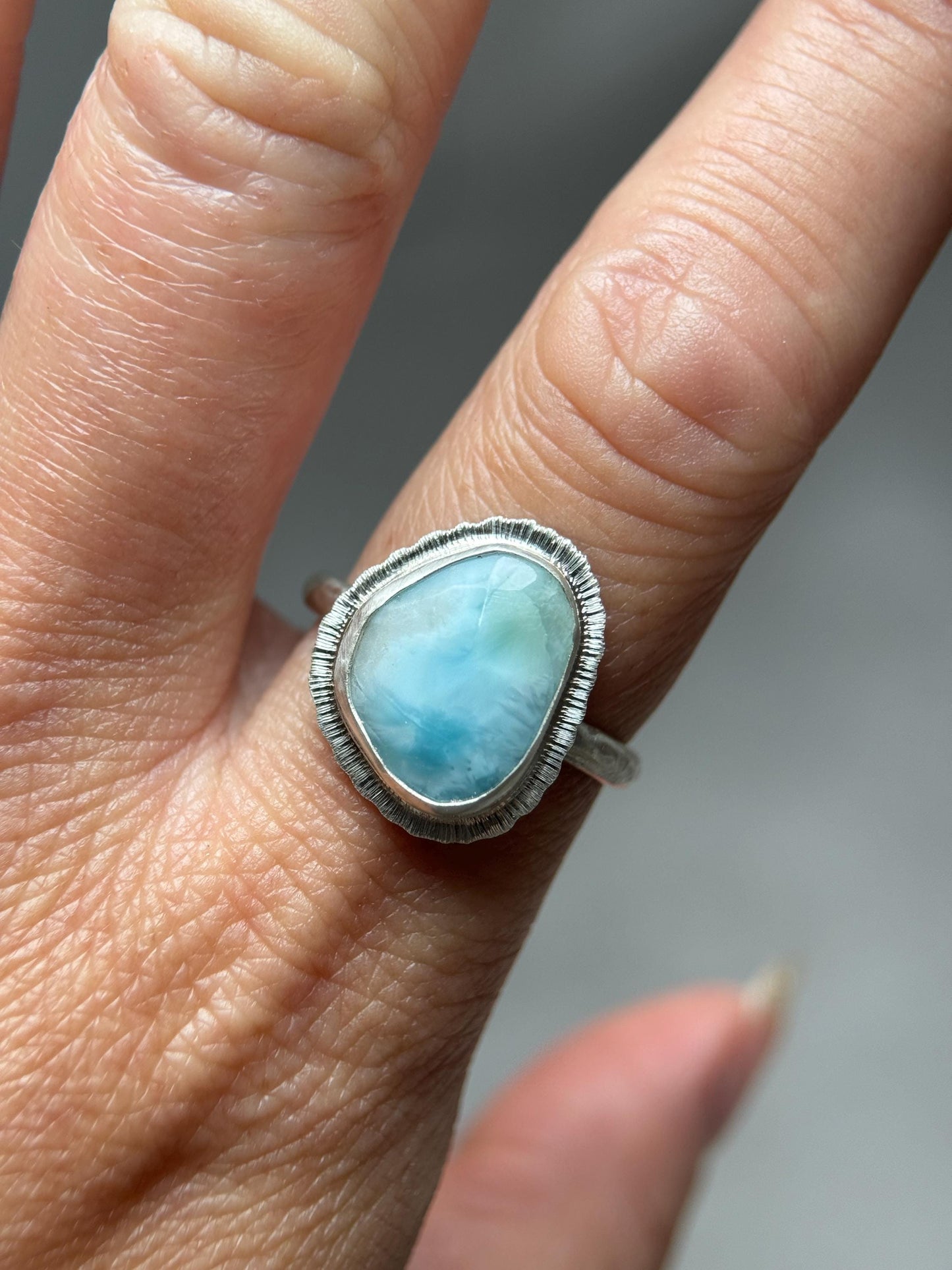 Rose cut Larimar ring, natural rare gemstone, Dominican Republic gem, open back, bezel set, sterling silver, atlantis stone, unique gift