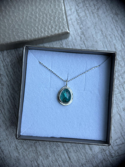 Rose cut Apatite pendant, natural gemstone necklace, open back, bezel set, sterling silver, diamond cut ball chain, unique gift for her