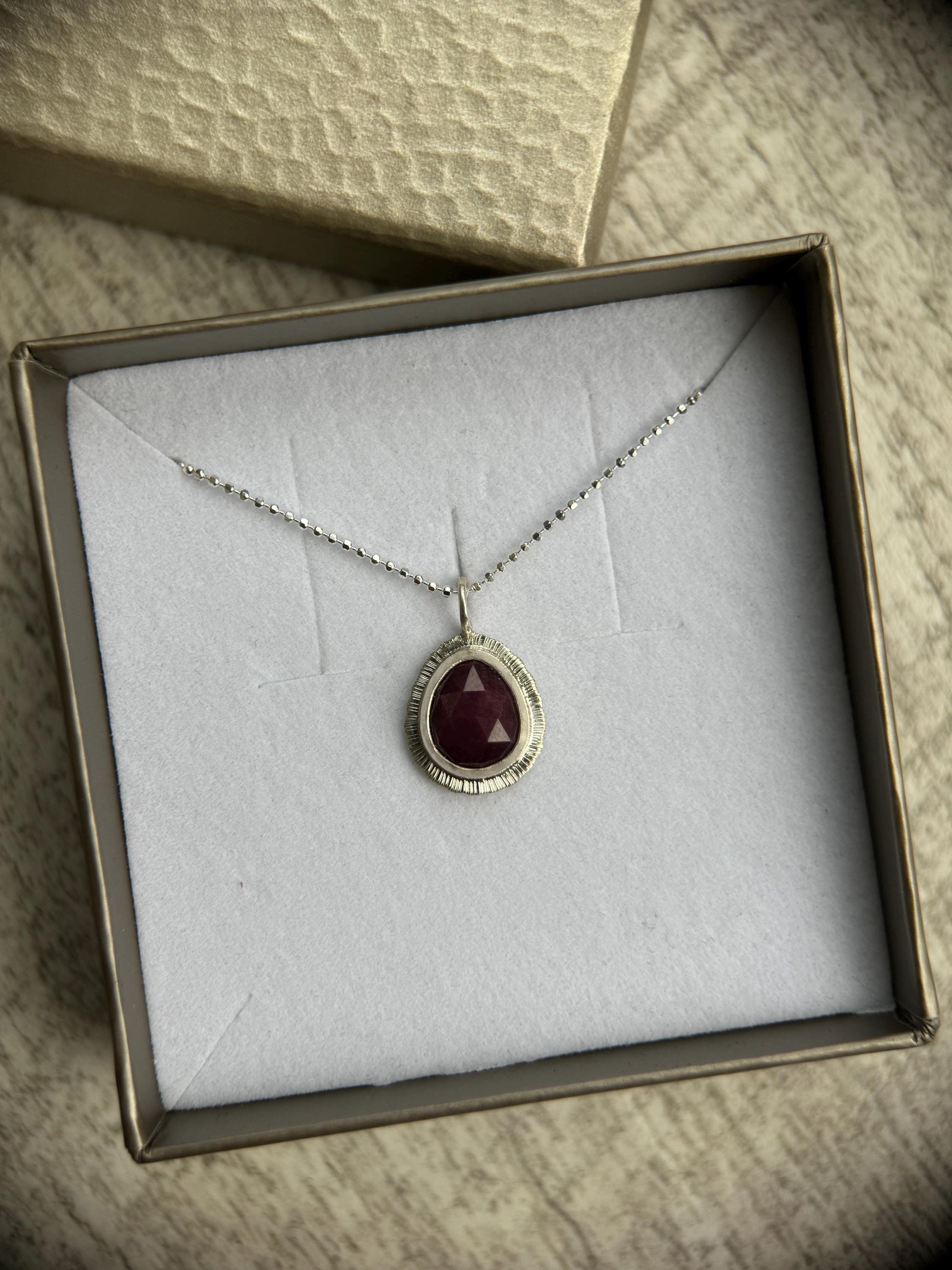 Rose cut Ruby pendant, natural gemstone necklace, recycled sterling silver, july birthstone jewellery, 15th wedding anniversary gift