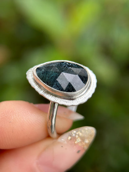 Rose cut Teal Moss Kyanite teardrop ring, natural moss gemstone, unique and unusual jewellery, bezel set, open back, sterling silver