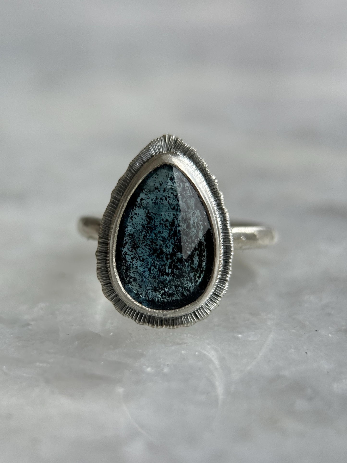 Rose cut Teal Moss Kyanite teardrop ring, natural moss gemstone, unique and unusual jewellery, bezel set, open back, sterling silver