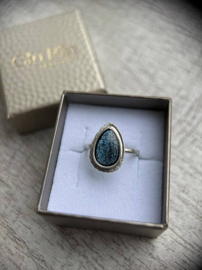 Rose cut Teal Moss Kyanite teardrop ring, natural moss gemstone, unique and unusual jewellery, bezel set, open back, sterling silver