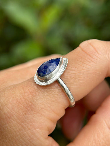 Rose cut Lapis Lazuli teardrop ring, natural gemstone, 9th wedding anniversary gift, December birthstone jewellery, recycled sterling silver