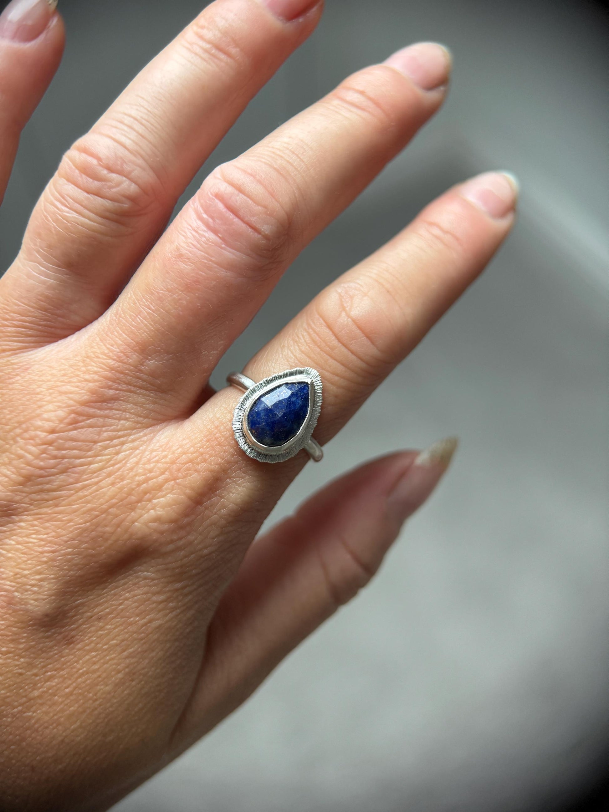 Rose cut Lapis Lazuli teardrop ring, natural gemstone, 9th wedding anniversary gift, December birthstone jewellery, recycled sterling silver