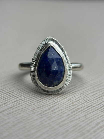 Rose cut Lapis Lazuli teardrop ring, natural gemstone, 9th wedding anniversary gift, December birthstone jewellery, recycled sterling silver