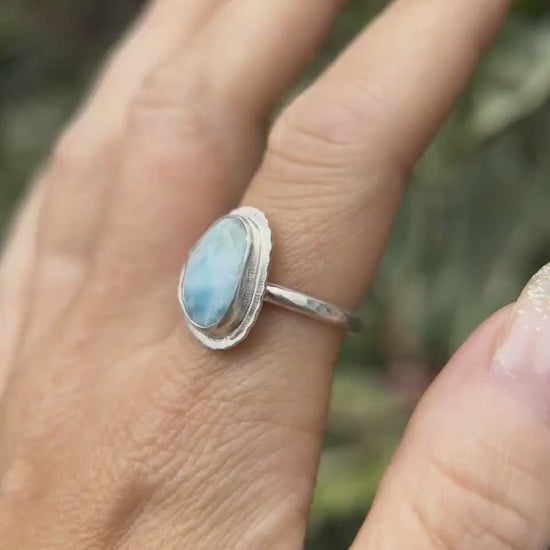 Rose cut Larimar ring, natural rare gemstone, Dominican Republic gem, open back, bezel set, sterling silver, atlantis stone, unique gift