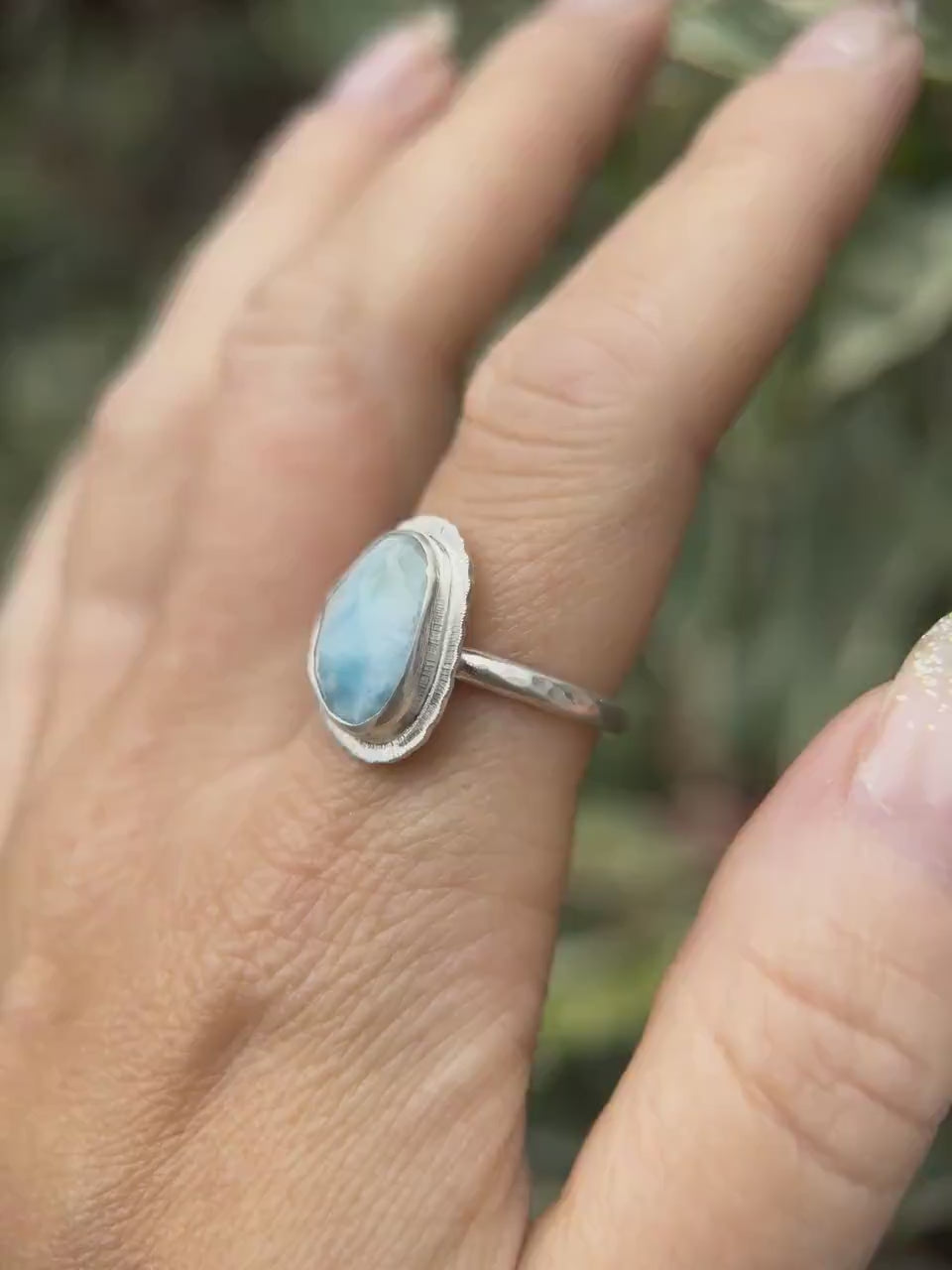 Rose cut Larimar ring, natural rare gemstone, Dominican Republic gem, open back, bezel set, sterling silver, atlantis stone, unique gift