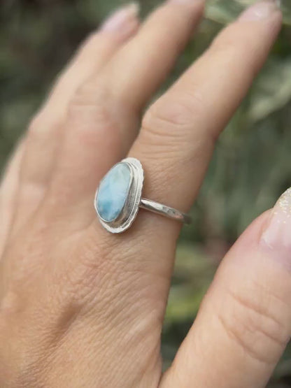 Rose cut Larimar ring, natural rare gemstone, Dominican Republic gem, open back, bezel set, sterling silver, atlantis stone, unique gift