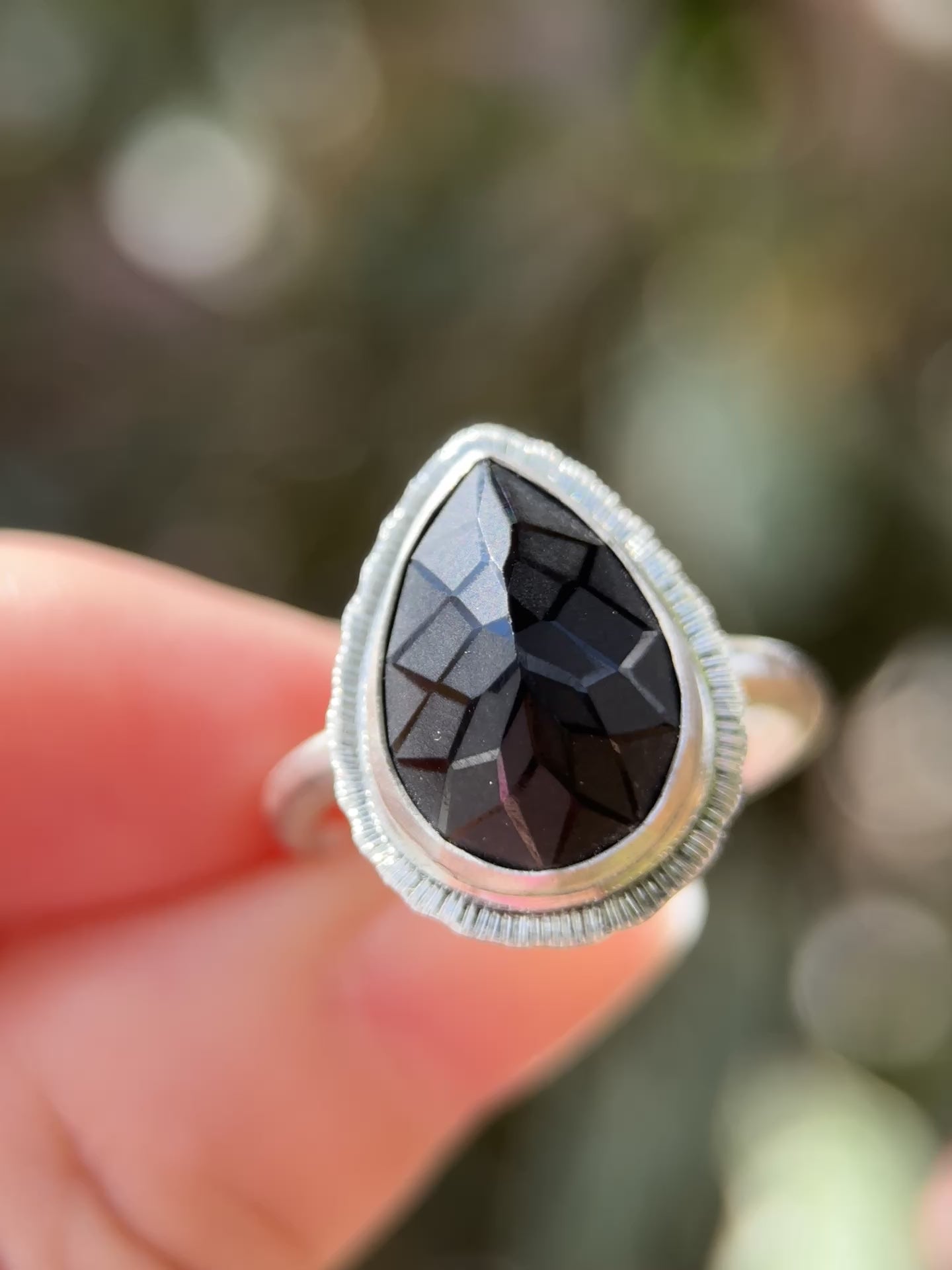 Laser cut black Spinel ring