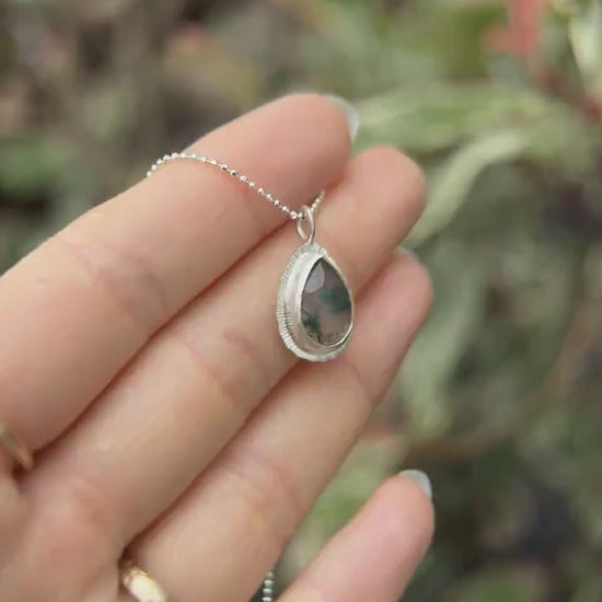 Rose cut teardrop Moss Agate pendant, natural gemstone necklace, open back, bezel set, sterling silver, unique and unusual, gift for virgo