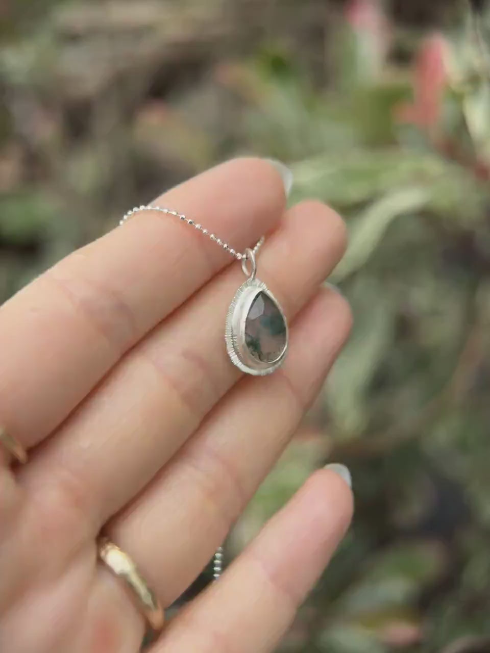 Rose cut teardrop Moss Agate pendant, natural gemstone necklace, open back, bezel set, sterling silver, unique and unusual, gift for virgo