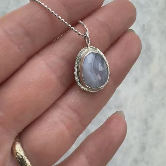 Rose cut Blue Lace Agate pendant, bezel set, open back, unique pattern, natural gemstone necklace, 18 or 20 inch diamond cut ball chain