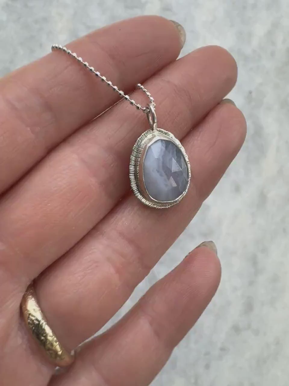 Rose cut Blue Lace Agate pendant, bezel set, open back, unique pattern, natural gemstone necklace, 18 or 20 inch diamond cut ball chain