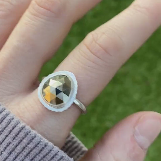 Rose cut Pyrite ring, recycled sterling silver, open back, bezel set, natural fools gold, unique gift for her, unusual rustic jewellery