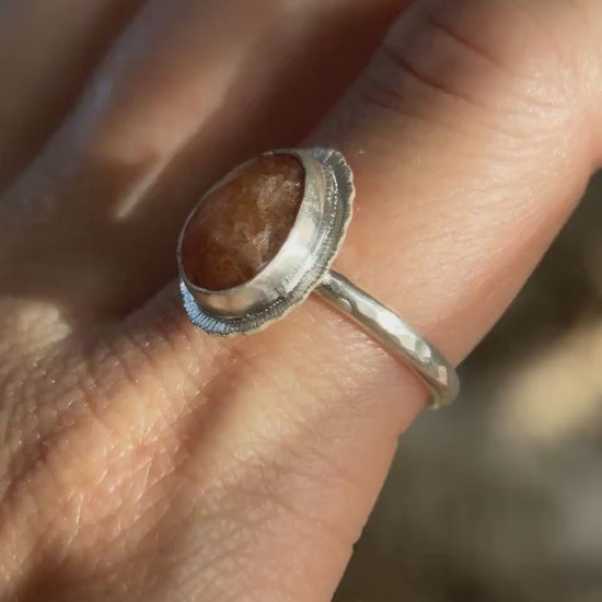 Rose cut Sunstone ring, one of a kind, natural glittery gemstone, open back, bezel set, recycled sterling silver, lucky jewellery for her