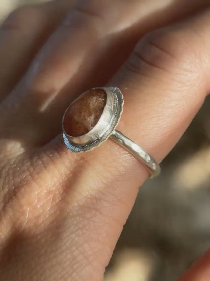 Rose cut Sunstone ring, one of a kind, natural glittery gemstone, open back, bezel set, recycled sterling silver, lucky jewellery for her