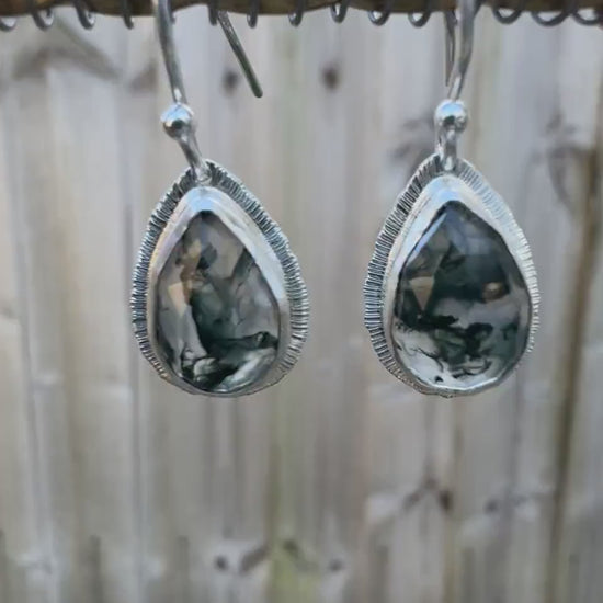 Rose cut Moss Agate drop earrings, teardrop shape, natural unique gemstone, sterling silver, bezel set, open back, incredible inclusions