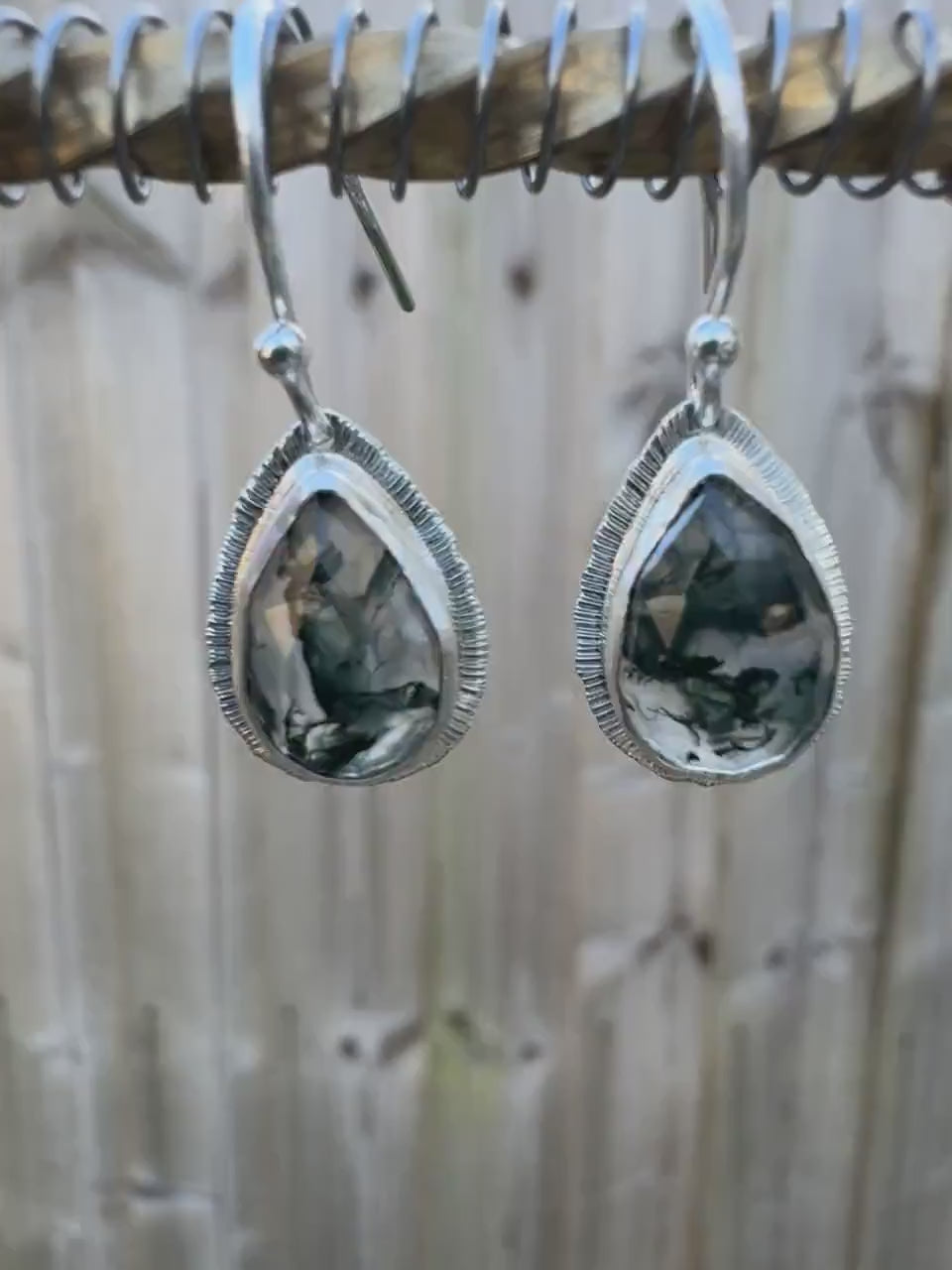 Rose cut Moss Agate drop earrings, teardrop shape, natural unique gemstone, sterling silver, bezel set, open back, incredible inclusions