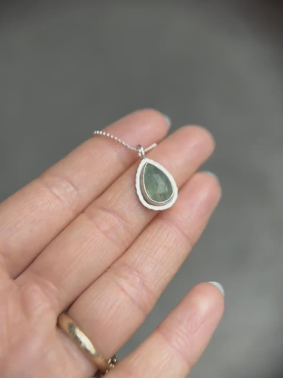 Rose cut Green Kyanite pendant, natural calming gemstone, bezel set, open back, sterling silver, diamond cut ball chain, unique gift for her