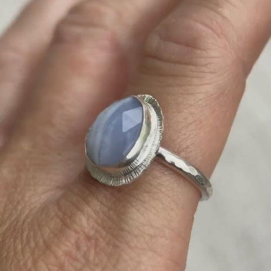 Rose cut Blue Lace Agate ring, natural patterned gemstone, bezel set, open back, recycled sterling silver, unique gift, crystal jewellery