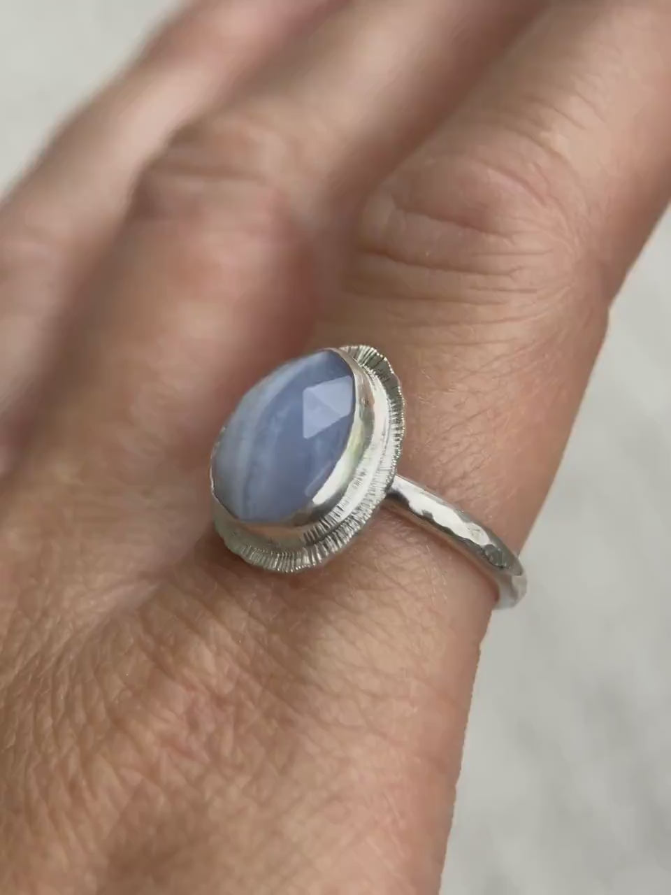 Rose cut Blue Lace Agate ring, natural patterned gemstone, bezel set, open back, recycled sterling silver, unique gift, crystal jewellery