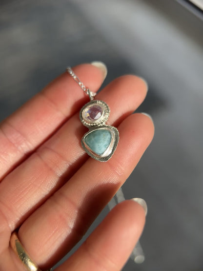Rose cut Rainbow Moonstone and Larimar pendant in sterling silver