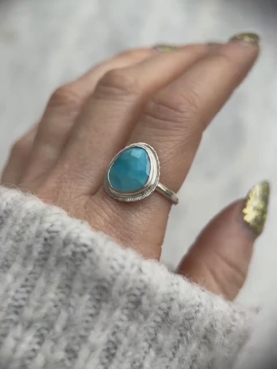 Rose cut Arizona Turquoise ring, natural ombre gemstone ring, sterling silver, December birthstone, 11th wedding anniversary gift